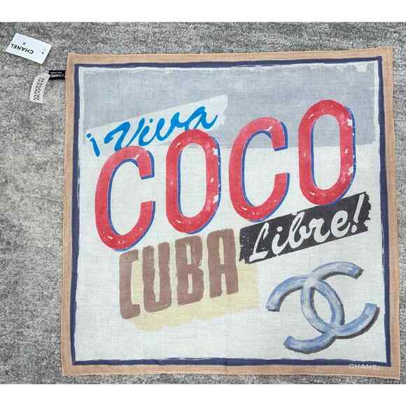 Chanel 17C Coco Cuba CC Beige Graffiti Cotton Bandana Handkerchief Scarf Wrap - Picture 4 of 11